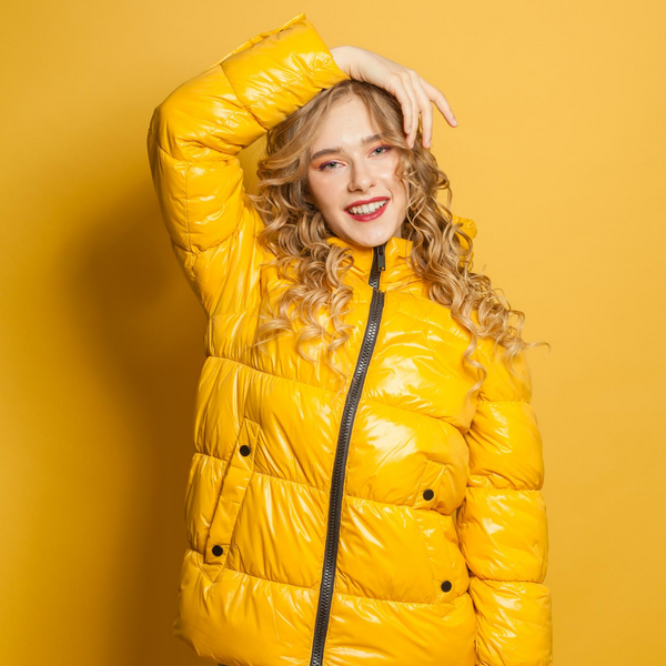 Shiny yellow puffer jacket sales